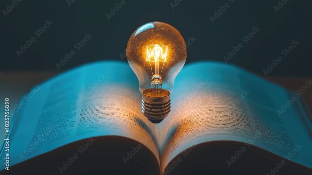 Poster glowing light bulb rises from the pages of an open book, representing the concept of education drive