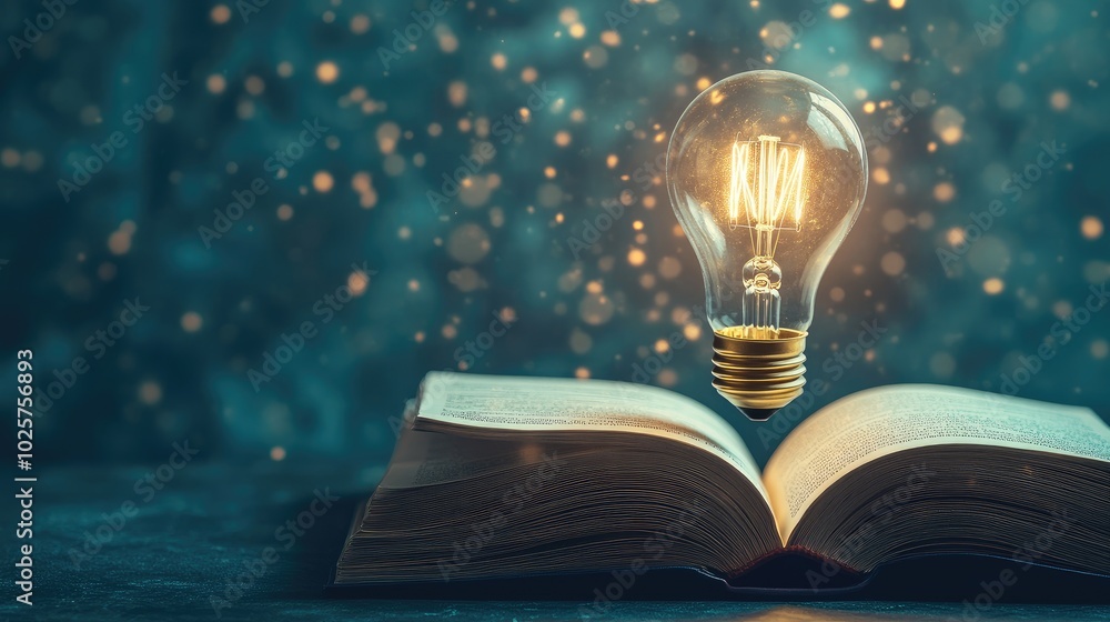 Poster glowing light bulb rises from the pages of an open book, representing the concept of education drive