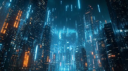 Naklejka premium Dreamlike cityscape with futuristic architecture and glowing lights under a starry, otherworldly sky