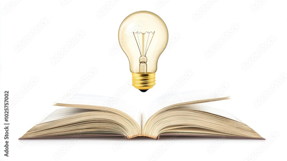 Poster light bulb floats out of an open book, symbolizing the power of knowledge and technology, set agains