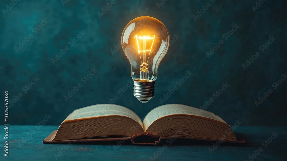 Poster light bulb glowing and floating from an open book, symbolizing the concept of tech-powered learning,