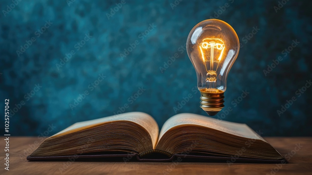 Poster light bulb glowing and floating from an open book, symbolizing the concept of tech-powered learning,