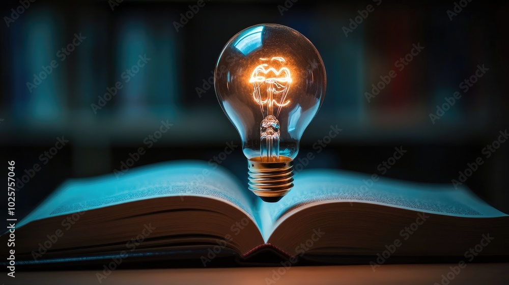 Poster light bulb glowing and floating from an open book, symbolizing the concept of tech-powered learning,