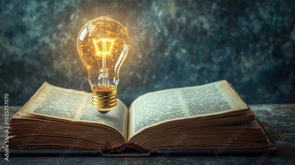 Poster light bulb glowing and floating from an open book, symbolizing the concept of tech-powered learning,