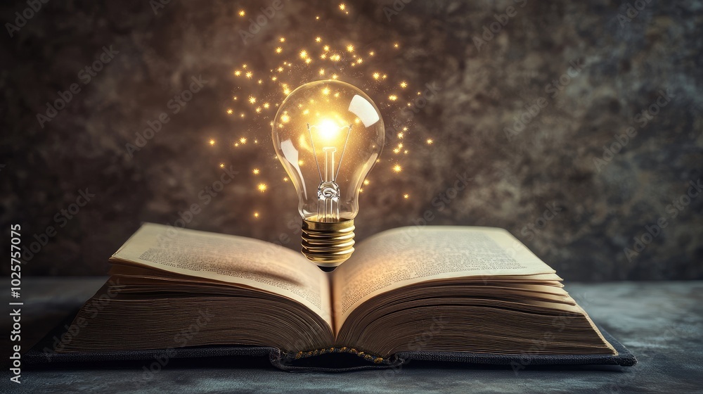Poster light bulb glowing and floating up from an open book, representing the fusion of learning and techno