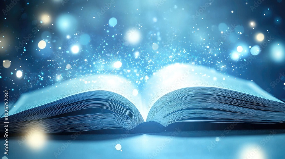 Poster light floats from the pages of an open book, symbolizing a futuristic tech-driven learning concept, 