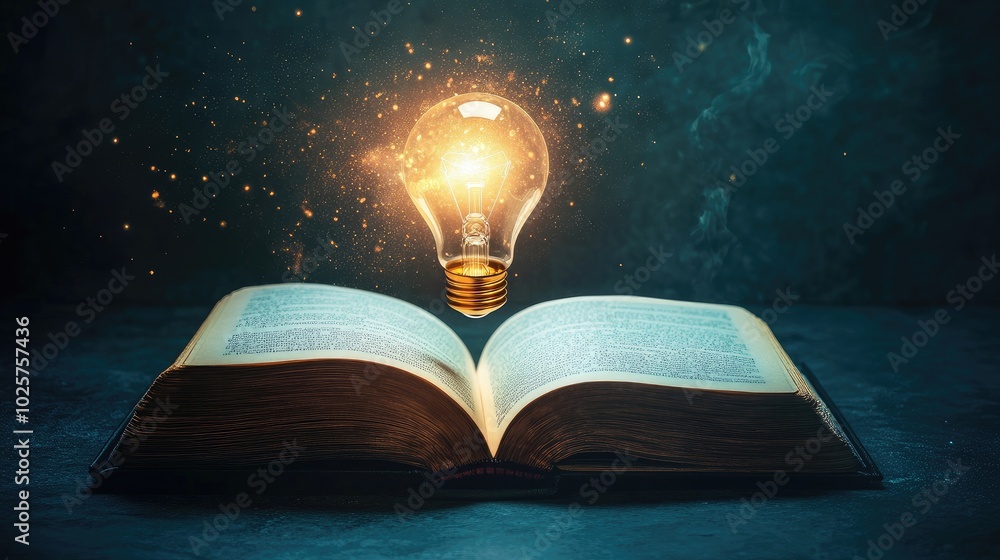 Aufkleber open book with a bright light bulb floating up, symbolizing the merging of education and technologic
