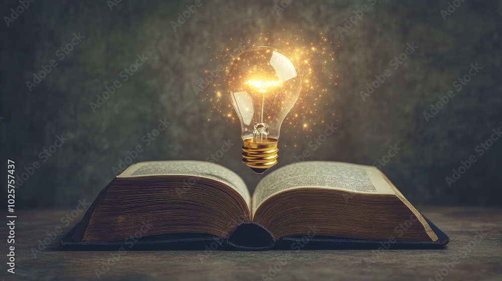 Aufkleber open book with a bright light bulb floating up, symbolizing the merging of education and technologic