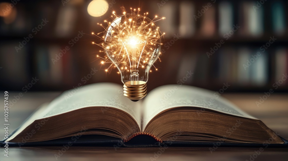 Poster open book with a bright light bulb floating up, symbolizing the merging of education and technologic