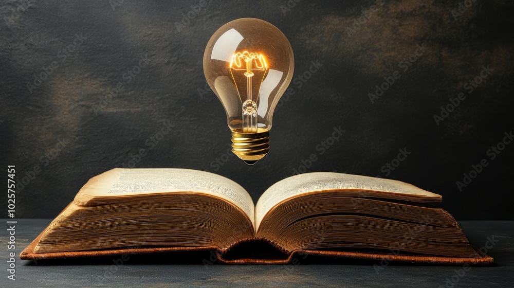 Poster open book with a bright light bulb floating up, symbolizing the merging of education and technologic