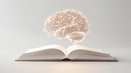 Open book with a floating AI-generated glowing brain, symbolizing tech-enhanced education and innovation on a simple white background.