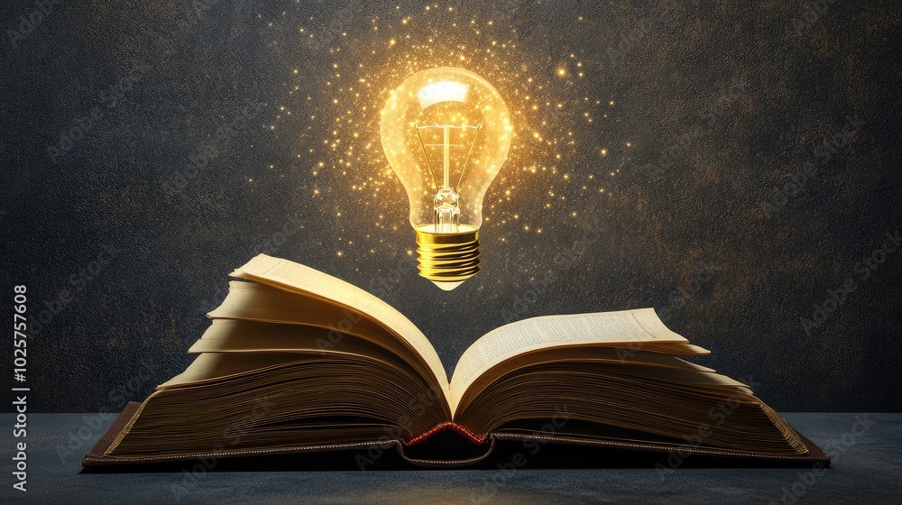 Poster open book with a glowing light bulb floating above it, representing the fusion of education and tech