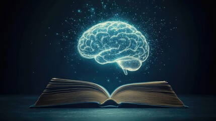 Open book with a glowing brain floating out, created by AI, representing tech-driven education and innovation, isolated on a simple background.