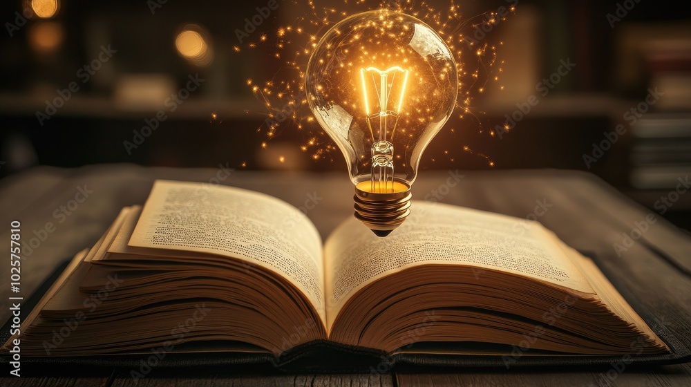 Poster open book with a light bulb glowing and floating out, symbolizing knowledge and technological advanc