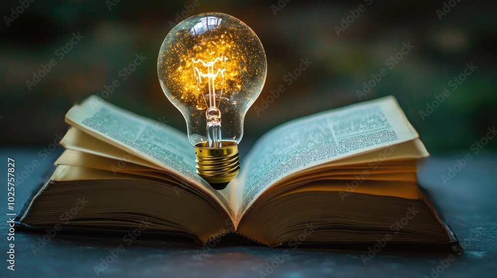 Poster open book with a light bulb glowing and floating out, symbolizing knowledge and technological advanc