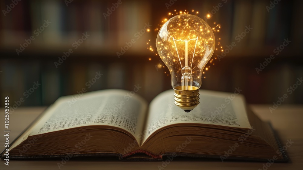 Poster open book with a light bulb glowing and floating out, symbolizing knowledge and technological advanc