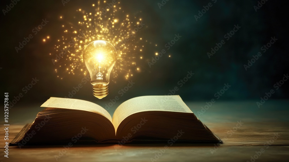 Poster open book with a light bulb glowing and floating out, symbolizing knowledge and technological advanc