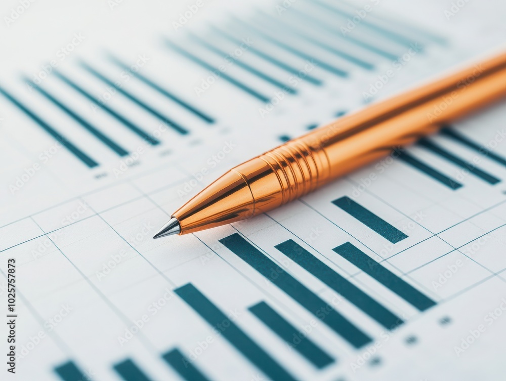 Poster close-up of a metallic pen resting on a financial report with bar graphs, symbolizing analysis and b