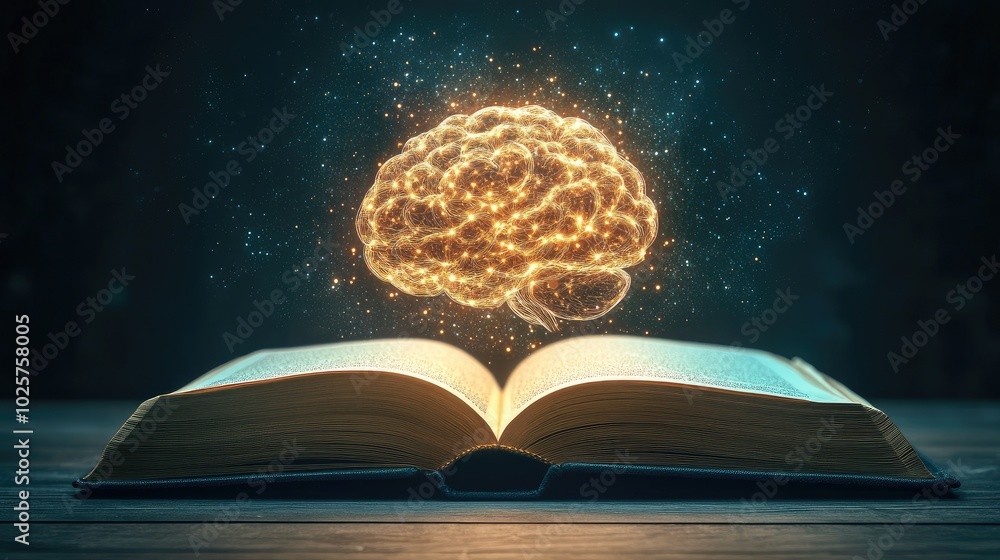 Poster open book with an ai-generated glowing brain floating out, symbolizing the integration of education 