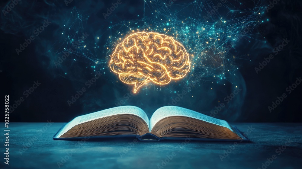 Poster open book with an ai-generated glowing brain floating out, symbolizing the integration of education 