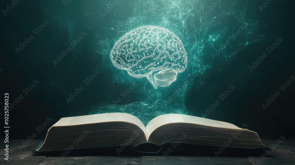 Poster open book with an ai-generated human brain glowing and floating upwards, representing the merging of