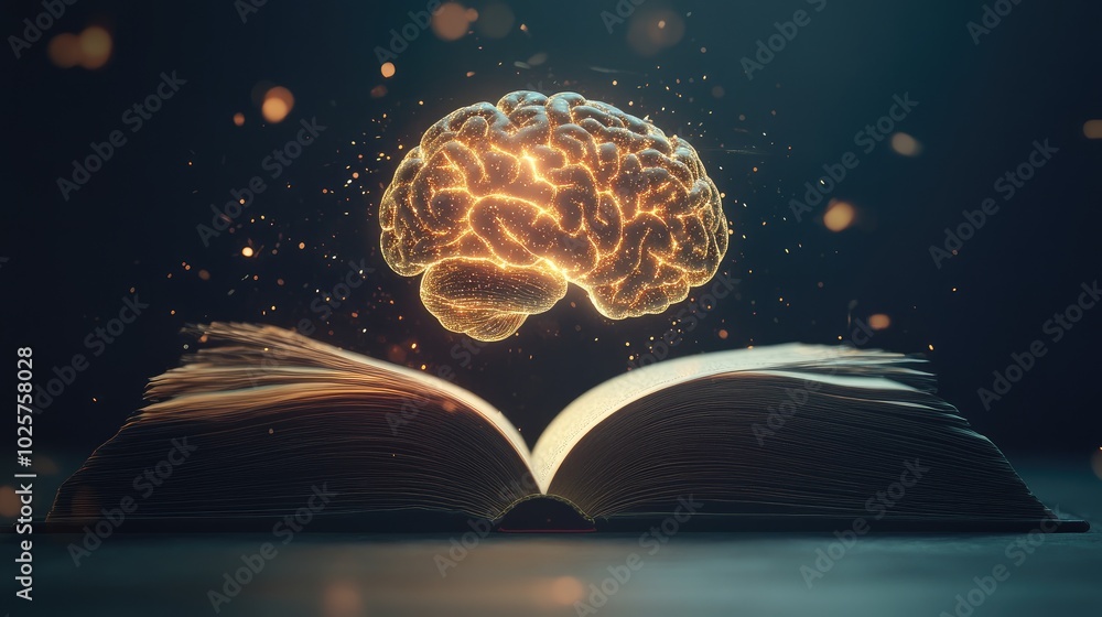 Poster open book with an ai-generated human brain glowing and floating upwards, representing the merging of