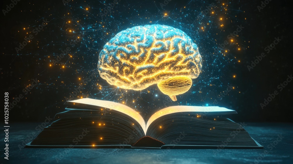 Poster open book with an ai-generated human brain glowing and floating upwards, representing the merging of
