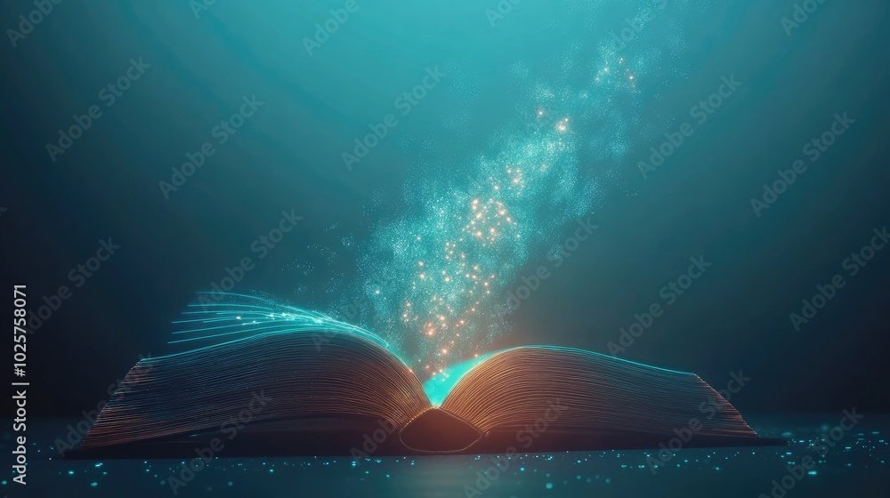Poster open book with glowing light floating up, symbolizing futuristic tech and the power of knowledge, se