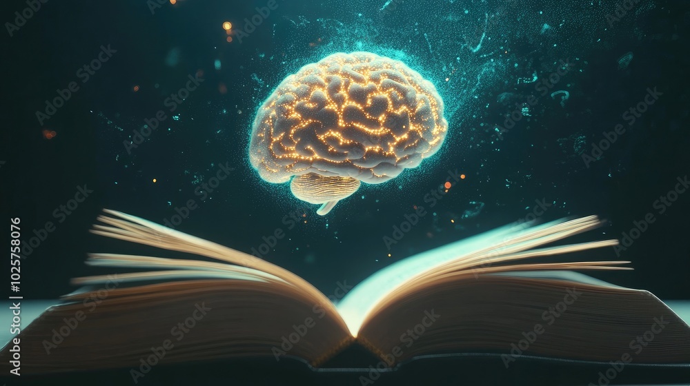 Poster open book with an ai-generated human brain glowing and floating upwards, representing the merging of