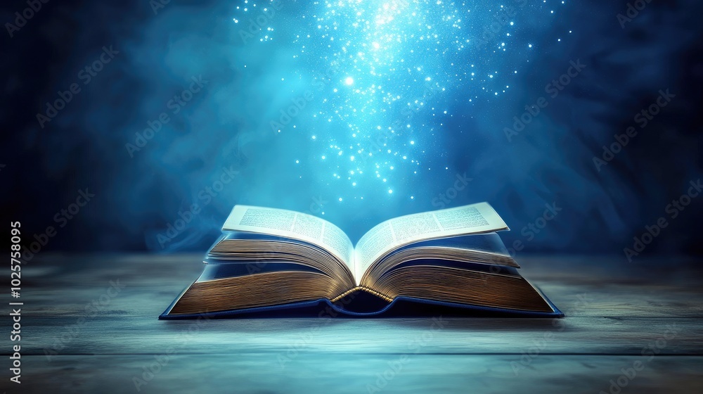 Poster open book with radiant light floating above, symbolizing a futuristic approach to learning and techn