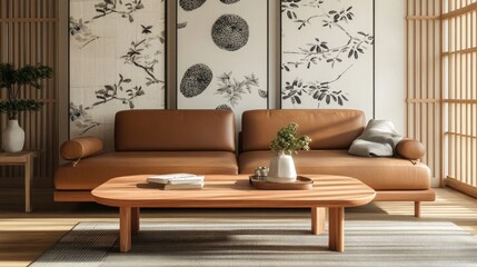 A stylish living area with a modern low-profile leather sofa and a natural wood coffee table. The walls are decorated with minimalist Japanese prints