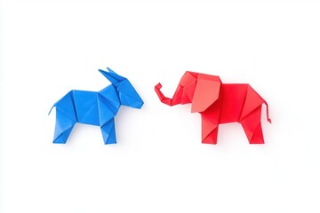 NEW YORK, USA, SEPTEMBER 12, 2024: U.S. Presidential Election 2024: Political Rivalry Between Blue Donkey and Red Elephant Symbolizes 