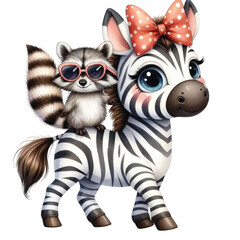 Fototapeta premium Zebra Raccoon sitting on the back clipart watercolor 