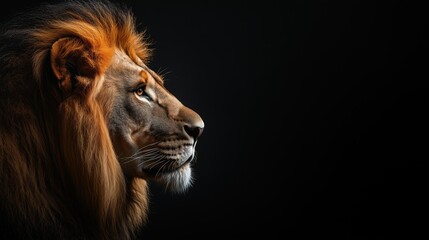 Fototapeta premium Majestic lion profile, detailed fur, intense gaze, dark background