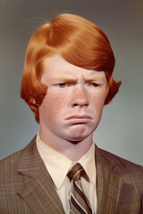 people of ai // yearbook school photo from 1970s of red haired boy making a sad face, freckles, suit and tie, photorealistic