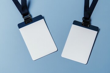 Empty white ID card badges mockup with blue belts