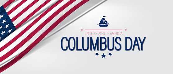 Cheerful Columbus Day scene with the American flag and a sailboat, representing adventure and national pride