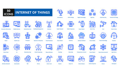 Internet Of Things blue icon collection set. includes signal, big data, internet, network, technology, smart home, traffic
