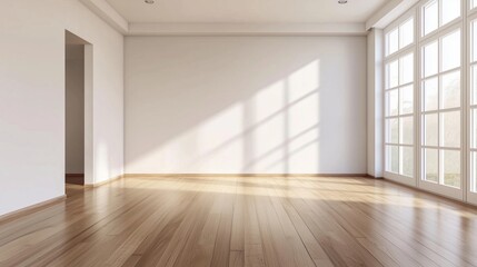 Empty room with wooden floor and large windows, bright natural light