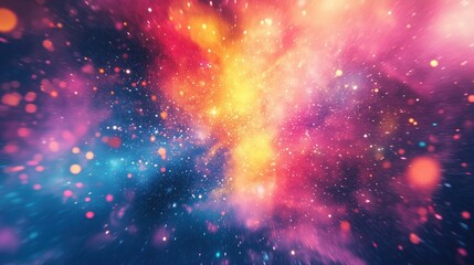 Naklejka premium Colorful cosmic nebula with stars and glowing particles, vibrant hues of pink, orange, blue