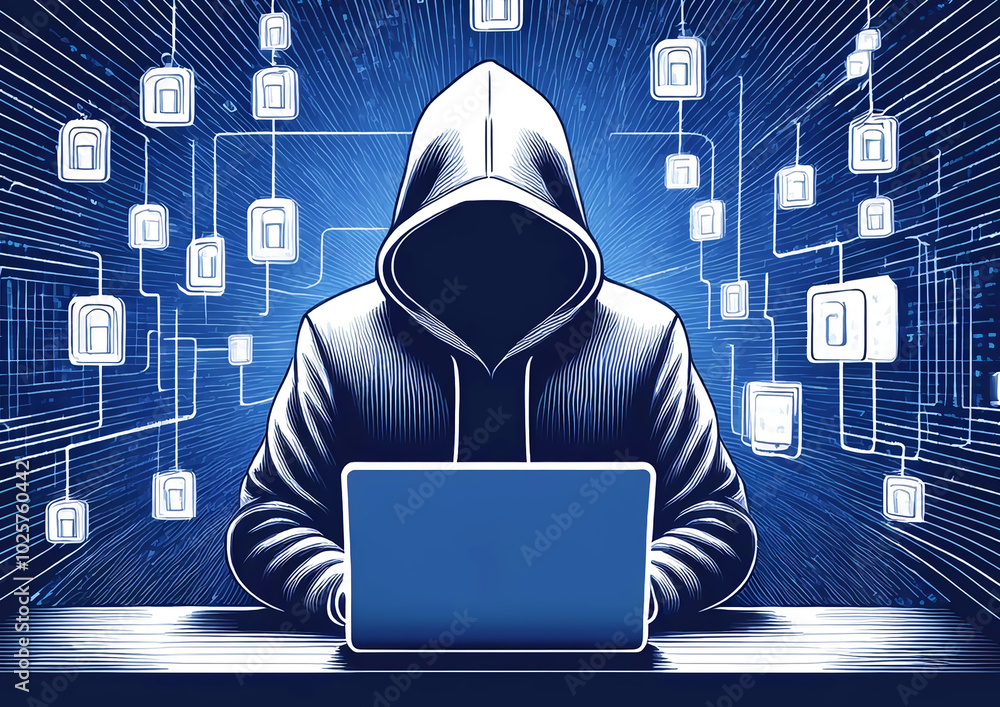 Poster hacker stealing information from laptop computer, cyber attack concept.