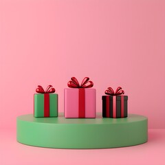 Obraz premium Festive gift boxes on a colorful display pedestal