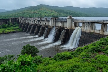 Hydroelectric dam with flowing water spillway