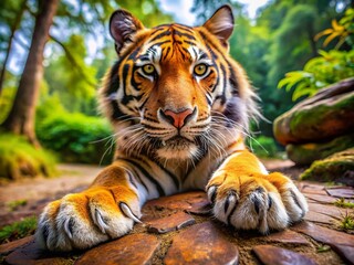 Obraz premium Majestic Tiger Paw Print in Nature - Captivating Wildlife Close-Up for Animal Lovers and Nature Enthusiasts