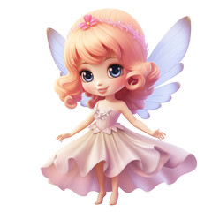 Fototapeta premium Cute Fairy Character With Blonde Hair And Blue Eyes In Pink Dress And Butterfly Wings