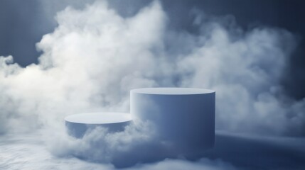 White cylindrical podiums surrounded by misty fog, soft lighting, ethereal atmosphere