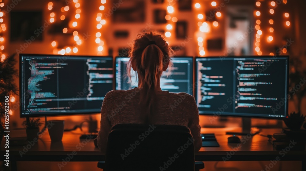 Poster coding in dimly lit room with multiple monitors, warm lights, focused programmer