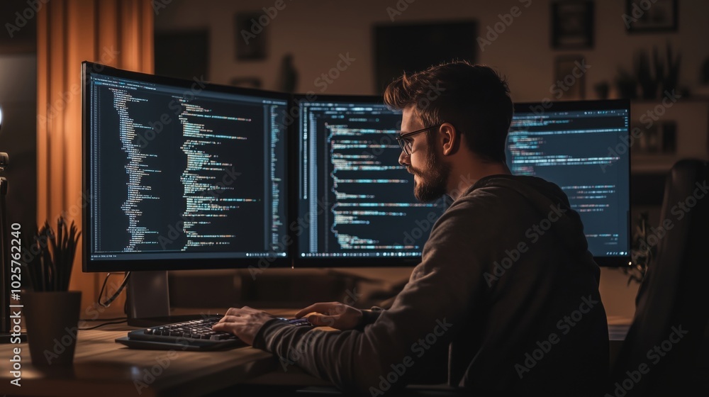 Poster programmer coding at dual monitors in dimly lit room, focused on software development