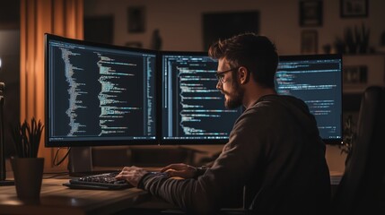 Programmer coding at dual monitors in dimly lit room, focused on software development