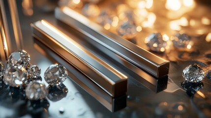 Shiny metallic bars surrounded by sparkling diamonds on a reflective surface